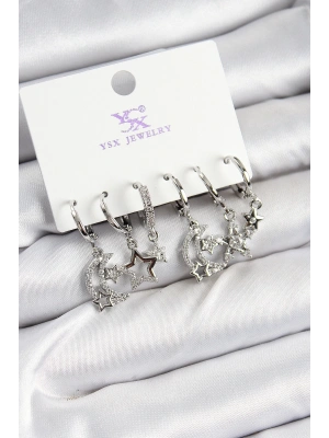 Pirinç Zİrkon Taşlı Ay ve Yıldız Model Gümüş Renk 3lü Çift Kadın Küpe