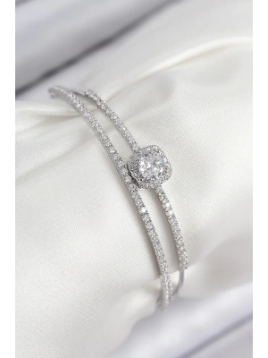 Pirinç Zirkon Taşlı Baget Model Gümüş Renk Kadın Bileklik