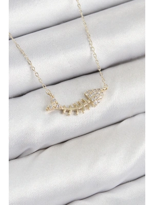 Pirinç Zirkon Taşlı Balık Kılçığı Model Gold Renk Kadın Kolye