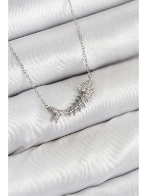 Pirinç Zirkon Taşlı Balık Kılçığı Model Gümüş Renk Kadın Kolye