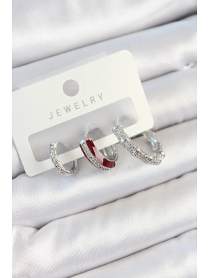 Pirinç Zirkon Taşlı Bordo Pembe Halka Model Gümüş Renk 3lü Çift Kadın Küpe Set