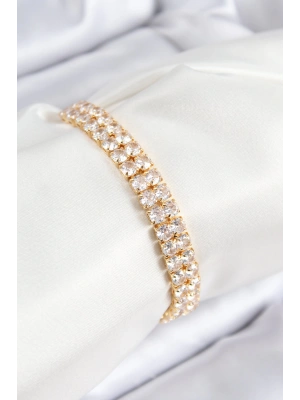 Pirinç Zirkon Taşlı Çift Sıra Kare Model Gold Renk Asansörlü Kadın Bileklik