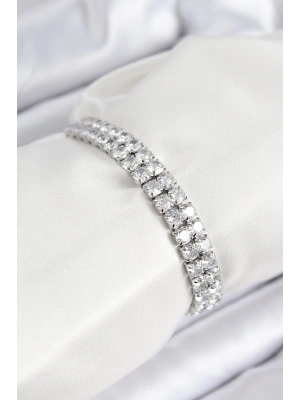 Pirinç Zirkon Taşlı Çift Sıra Kare Model Gümüş Renk Asansörlü Kadın Bileklik