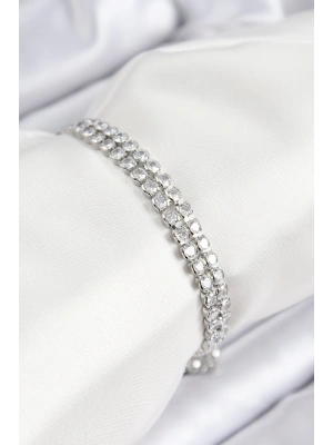 Pirinç Zirkon Taşlı Çift Sıra Model Gümüş Renk Asansörlü Kadın Bileklik