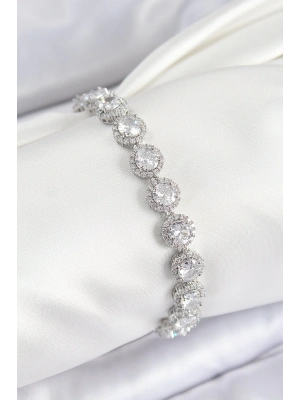 Pirinç Zirkon Taşlı Daire Baget Model Gümüş Renk VIP Seri Kadın Bileklik