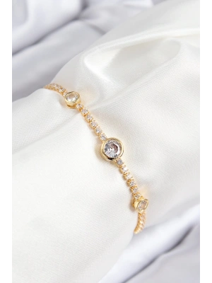 Pirinç Zirkon Taşlı Daire Model Gold Renk Asansörlü Kadın Bileklik
