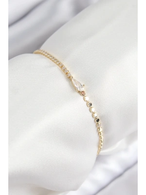 Pirinç Zirkon Taşlı Damla Model Ezme Zincir Gold Renk Kadın Bileklik