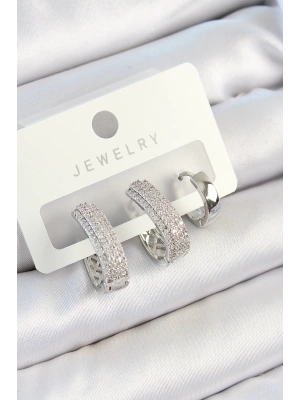 Pirinç Zirkon Taşlı Damla Model Gümüş Renk 3lü Çift Kadın Küpe Set