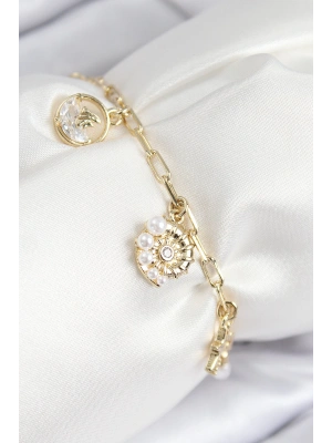 Pirinç Zirkon Taşlı Deniz Kabuğu Model Gold Renk Kadın Bileklik