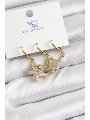 Pirinç Zİrkon Taşlı Deniz Yıldızı Ve İstiridye Model Gold Renk 3lü Kadın Küpe
