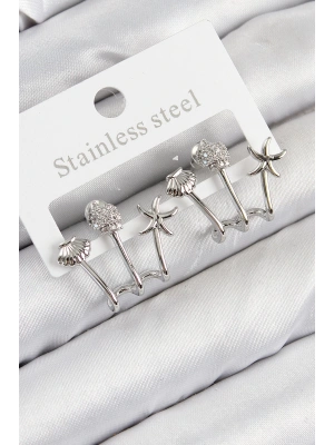 Pirinç Zirkon Taşlı Deniz Yıldızı ve İstiridye Model Gümüş Renk Kadın Küpe