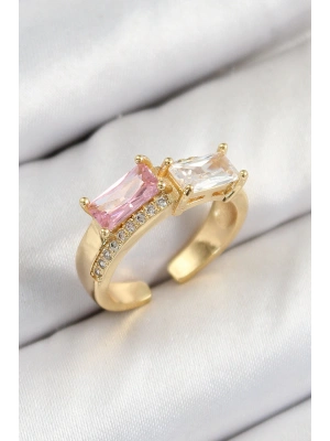 Pirinç Zirkon Taşlı Dikdörtgen Model Gold Renk Kadın Yüzük