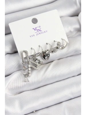 Pirinç Zİrkon Taşlı Dikdörtgen Model Gümüş Renk 3lü Çift Kadın Küpe