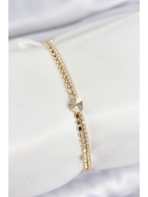 Pirinç Zirkon Taşlı Ezme Zincirli Kalp Model Gold Renk Kadın Bilekilk