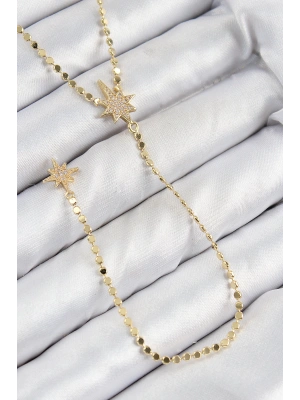 Pirinç Zirkon Taşlı Ezme Zincirli Kutup Yıldızı Model Gold Renk Y Kolye