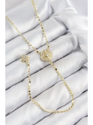 Pirinç Zirkon Taşlı Ezme Zincirli Madalyon Model Gold Renk Y Kolye
