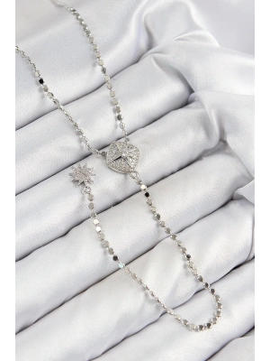Pirinç Zirkon Taşlı Ezme Zincirli Madalyon Model Gümüş Renk Y Kolye