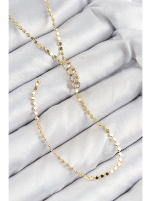 Pirinç Zirkon Taşlı Ezme Zincirli Model Gold Renk Y Kolye