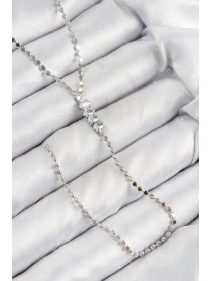 Pirinç Zirkon Taşlı Ezme Zincirli Model Gümüş Renk Y Kolye