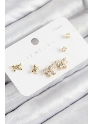 Pirinç Zirkon Taşlı Fiyonk Model Gold Renk 925 Ayar Gümüş Çivi Kadın Küpe Set