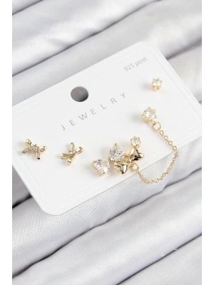 Pirinç Zirkon Taşlı Fiyonk Model Gold Renk 925 Ayar Gümüş Çivi Kadın Küpe Set