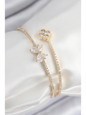 Pirinç Zirkon Taşlı Fiyonk Ve Yonca Model Gold Renk Kadın Bileklik