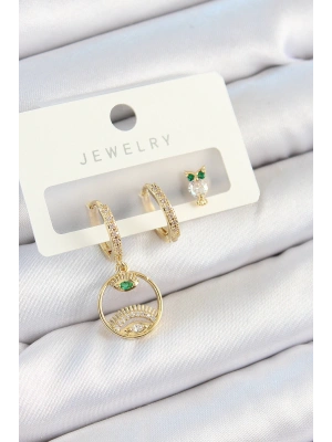 Pirinç Zirkon Taşlı Göz Ve Baykuş Model Gold Renk 3lü Çift Kadın Küpe Set