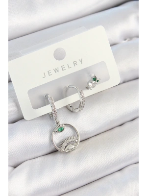 Pirinç Zirkon Taşlı Göz Ve Baykuş Model Gümüş Renk 3lü Çift Kadın Küpe Set