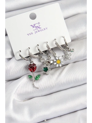 Pirinç Zİrkon Taşlı Gül Ve Papatya Model Gümüş Renk 3lü Çift Kadın Küpe