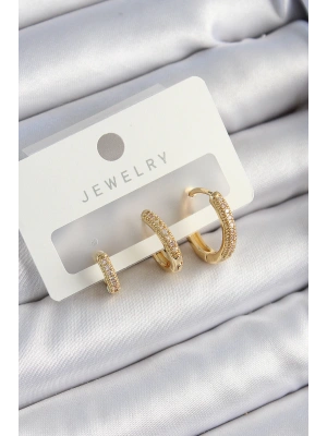 Pirinç Zirkon Taşlı Halka Model Gold Renk 3lü Çift Kadın Küpe Set