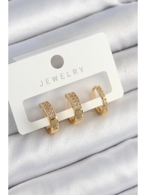 Pirinç Zirkon Taşlı Halka Model Gold Renk 3lü Çift Kadın Küpe Set