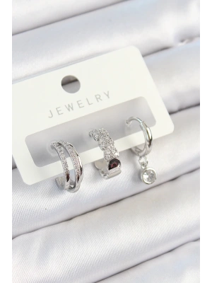 Pirinç Zirkon Taşlı Halka Model Gümüş Renk 3lü Çift Kadın Küpe Set