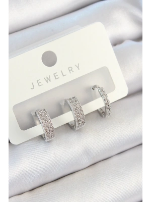 Pirinç Zirkon Taşlı Halka Model Gümüş Renk 3lü Çift Kadın Küpe Set