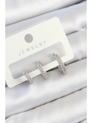 Pirinç Zirkon Taşlı Halka Model Gümüş Renk 3lü Çift Kadın Küpe Set