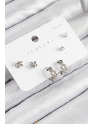 Pirinç Zirkon Taşlı Halka Model Gümüş Renk 925 Ayar Gümüş Çivi Kadın Küpe Set