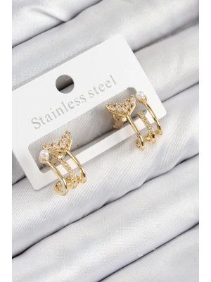 Pirinç Zirkon Taşlı İnci Detaylı Balık Kuyruğu Model Gold Renk Kadın Küpe