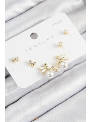 Pirinç Zirkon Taşlı İnci Melek Model Gold Renk 925 Ayar Gümüş Çivi Kadın Küpe Set