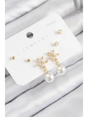 Pirinç Zirkon Taşlı İnci Sallantılı Çiçek Model Gümüş Renk 925 Ayar Gümüş Çivi Kadın Küpe Set