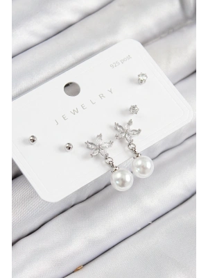 Pirinç Zirkon Taşlı İnci Sallantılı Çiçek Model Gümüş Renk 925 Ayar Gümüş Çivi Kadın Küpe Set