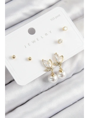 Pirinç Zirkon Taşlı İnci Sallantılı Damla Model Gold Renk 925 Ayar Gümüş Çivi Kadın Küpe Set