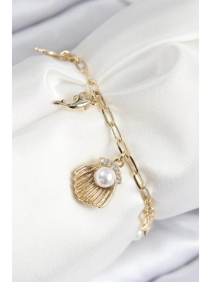 Pirinç Zirkon Taşlı İncili İstiridye Model Gold Renk Kadın Bileklik