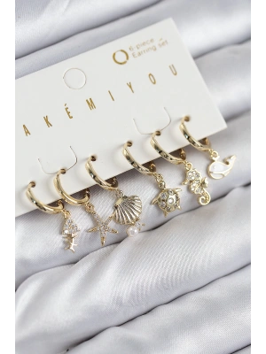 Pirinç Zirkon Taşlı İstiridye Balina Ve Yıldız Gold Renk 6lı Küpe Set
