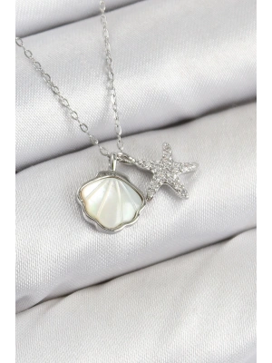 Pirinç Zirkon Taşlı İstiridye Ve Deniz Yıldızı Model Gümüş Renk Kadın Kolye