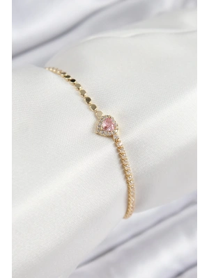 Pirinç Zirkon Taşlı Kalp Model Ezme Zincir Gold Renk Kadın Bileklik