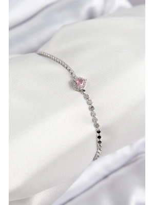 Pirinç Zirkon Taşlı Kalp Model Ezme Zincir Gümüş Renk Kadın Bileklik