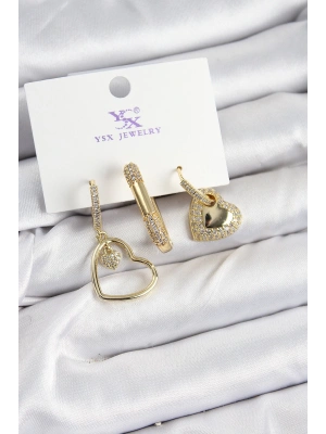 Pirinç Zİrkon Taşlı Kalp Model Gold Renk 3lü Kadın Küpe