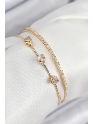 Pirinç Zirkon Taşlı Kalp Model Gold Renk Kadın Bileklik