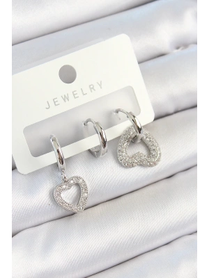 Pirinç Zirkon Taşlı Kalp Model Gümüş Renk 3lü Çift Kadın Küpe Set