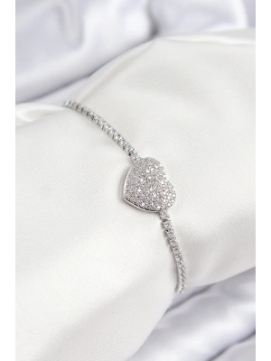 Pirinç Zirkon Taşlı Kalp Model Gümüş Renk Asansörlü Kadın Bileklik