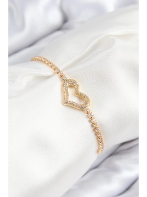 Pirinç Zirkon Taşlı Kalp Model Gold Renk Asansörlü Kadın Bileklik